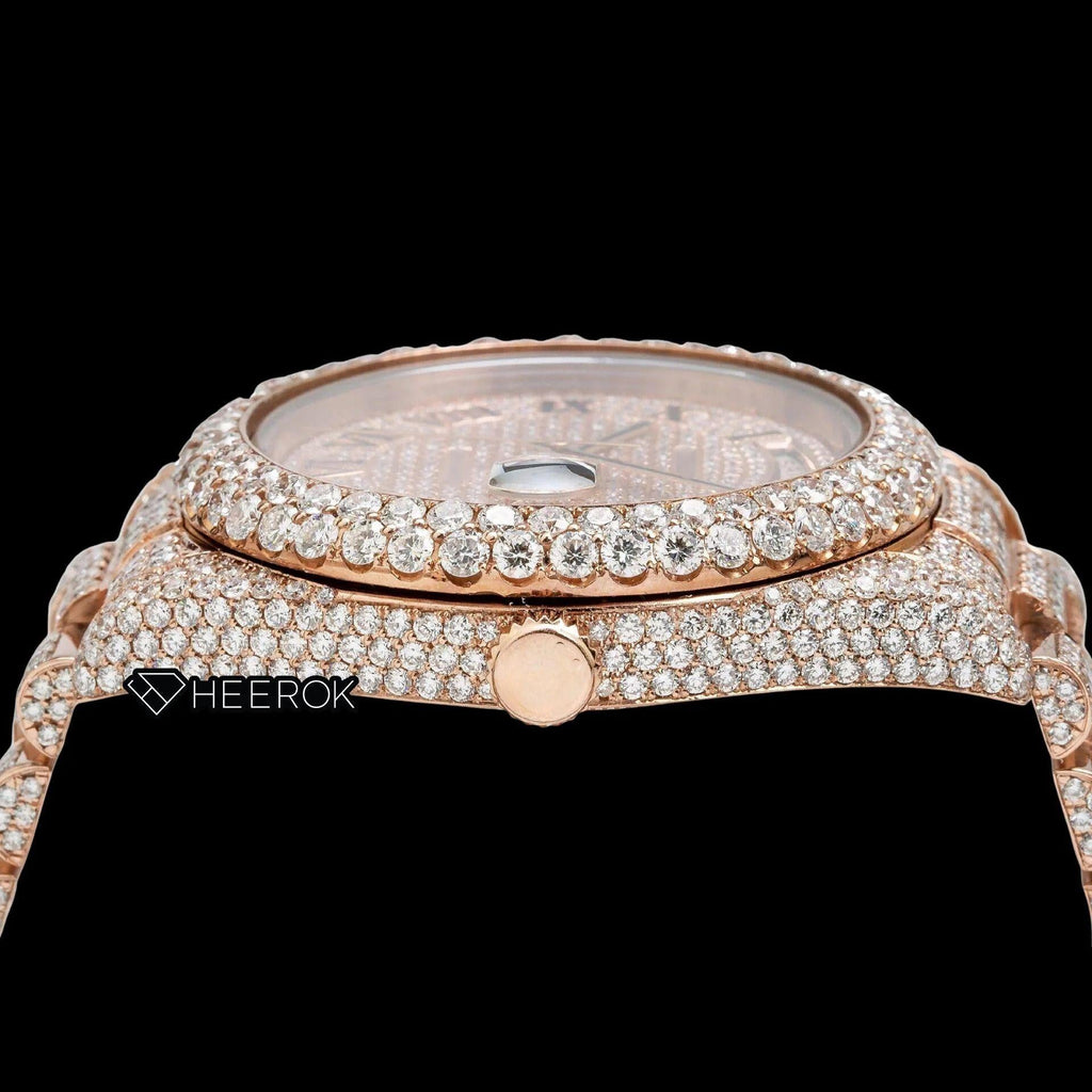 Rolex Day-Date Rose Gold Dial Roman Numerals Diamond Bezel Fully Iced Rose Gold Moissanite Diamond President Bracelet Watch