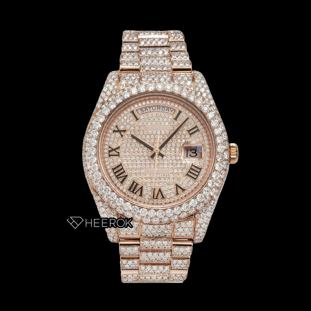 Rolex Day-Date Rose Gold Dial Roman Numerals Diamond Bezel Fully Iced Rose Gold Moissanite Diamond President Bracelet Watch