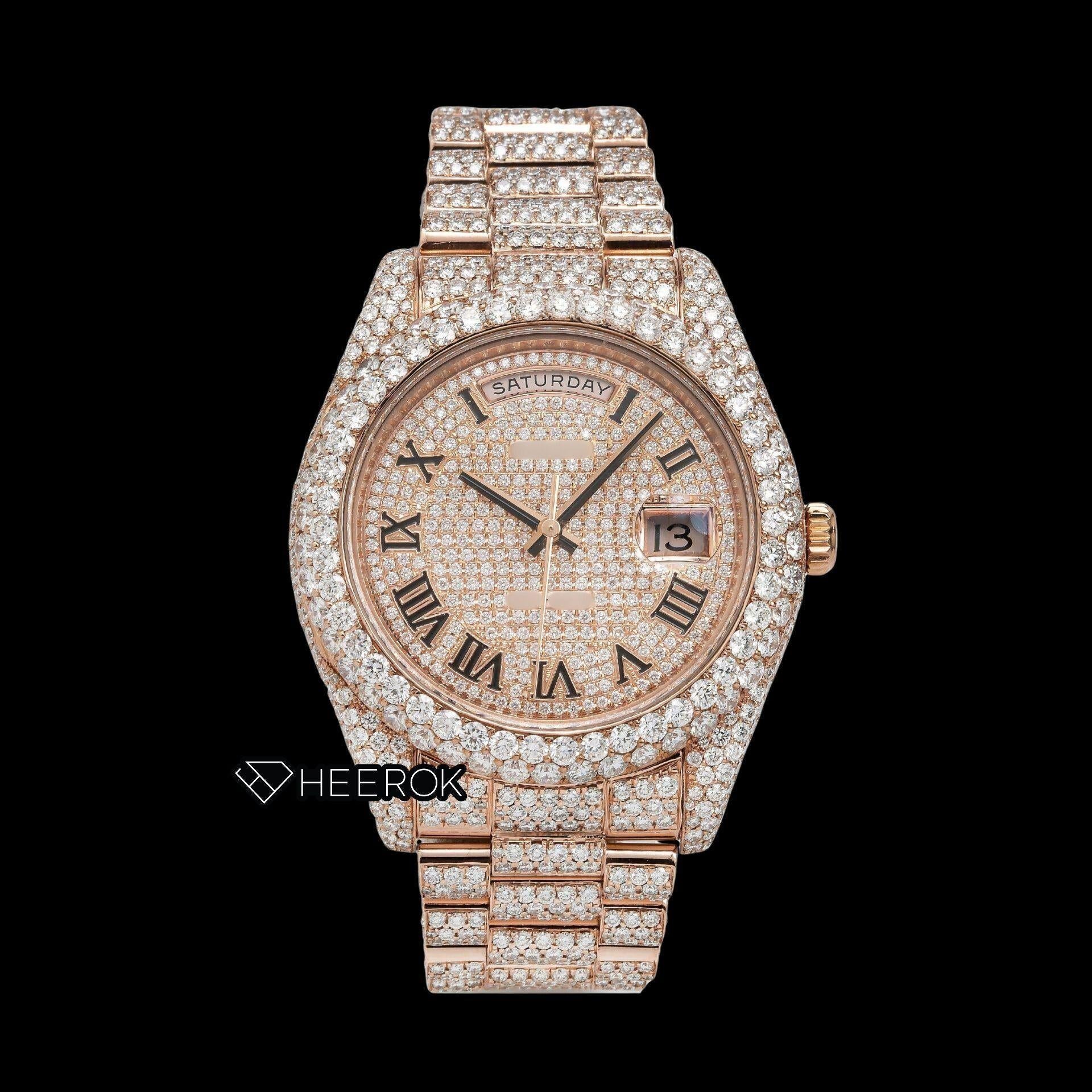 Rolex Day-Date Rose Gold Dial Roman Numerals Diamond Bezel Fully Iced Rose Gold Moissanite Diamond President Bracelet Watch