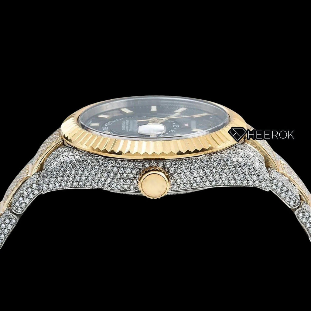 Rolex Sky-Dweller Black Dial Stick Markers Fluted Bezel Two Tone Yellow Gold Fully Iced Moissanite Diamond Oyster Bracelet Watch