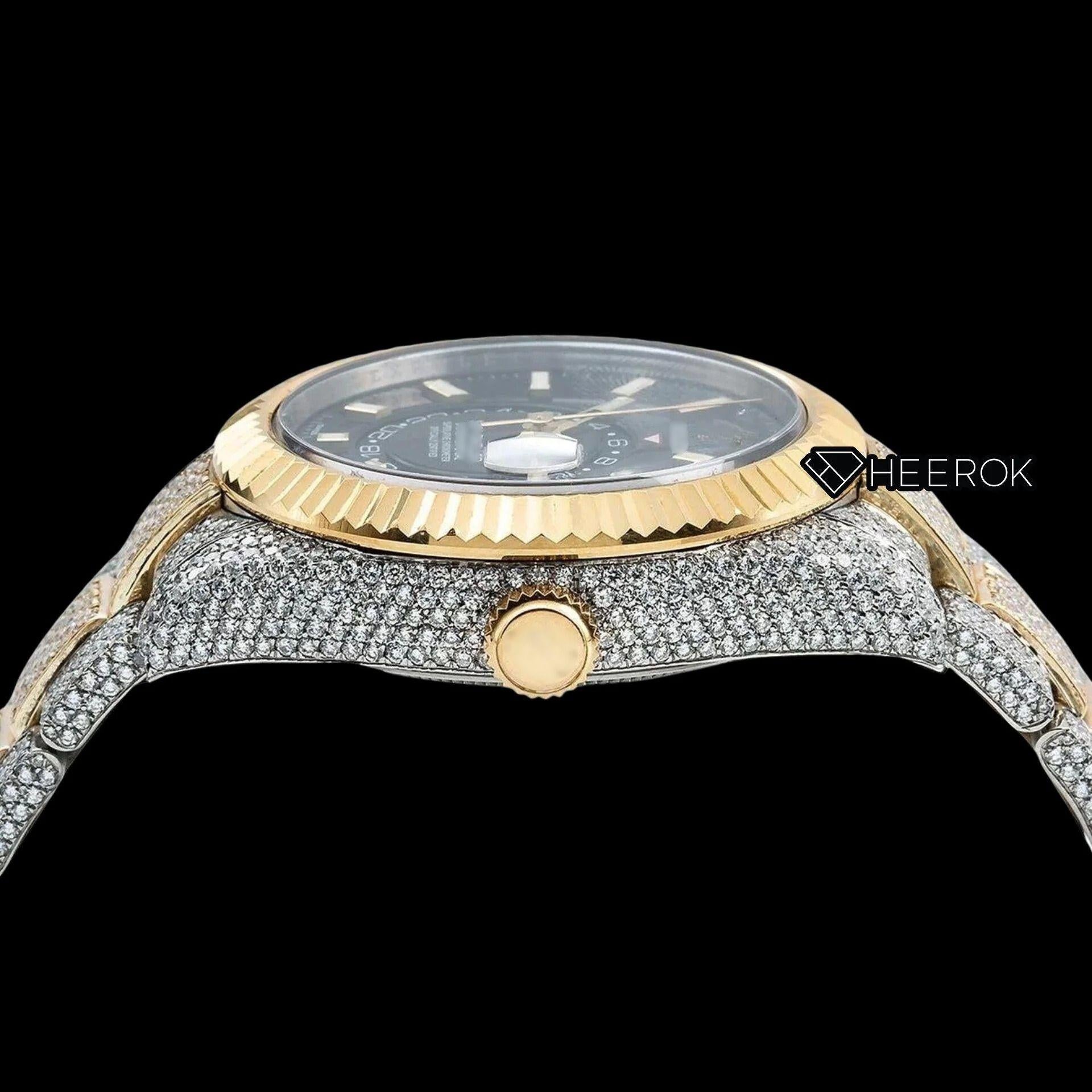Rolex Sky-Dweller Black Dial Stick Markers Fluted Bezel Two Tone Yellow Gold Fully Iced Moissanite Diamond Oyster Bracelet Watch