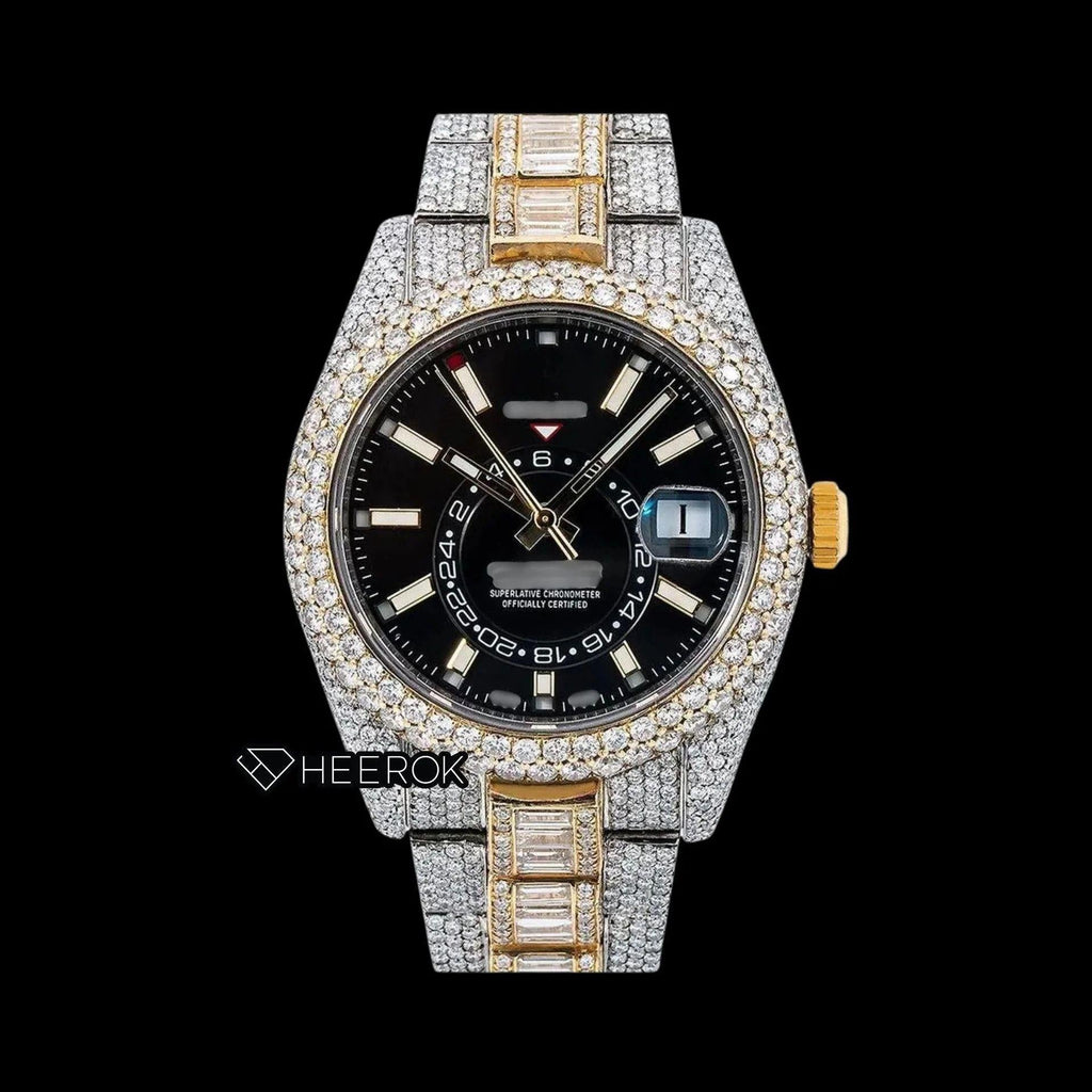 Rolex Sky-Dweller Black Dial White Stick Markers Diamond Bezel Two Tone Yellow Gold Fully Iced Moissanite Diamond Baguette Oyster Bracelet