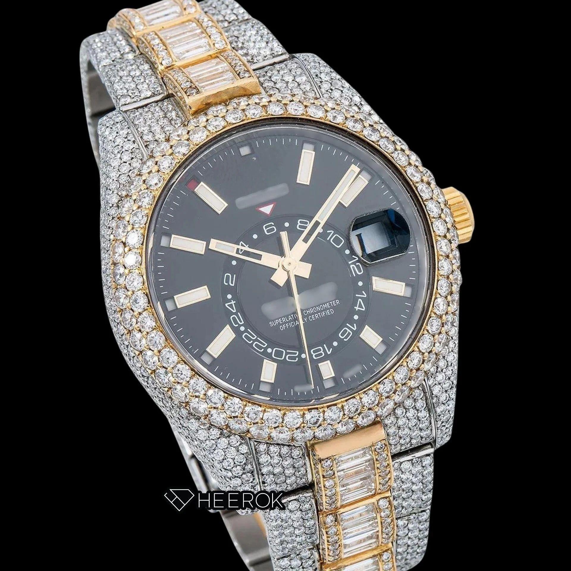Rolex Sky-Dweller Black Dial White Stick Markers Diamond Bezel Two Tone Yellow Gold Fully Iced Moissanite Diamond Baguette Oyster Bracelet
