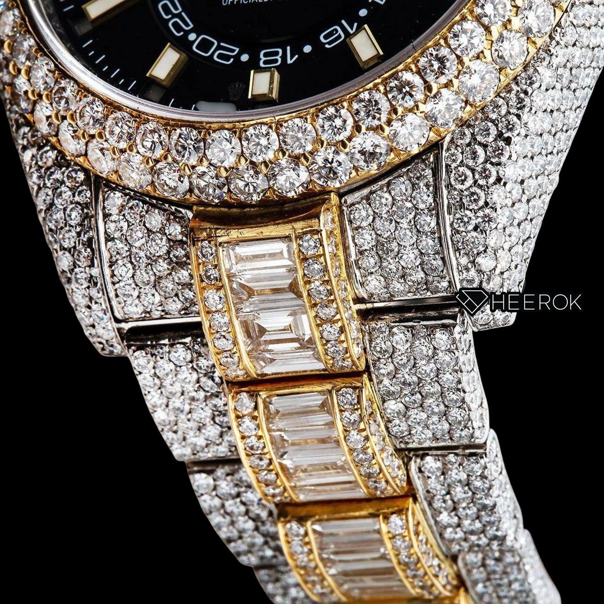 Rolex Sky-Dweller Black Dial White Stick Markers Diamond Bezel Two Tone Yellow Gold Fully Iced Moissanite Diamond Baguette Oyster Bracelet