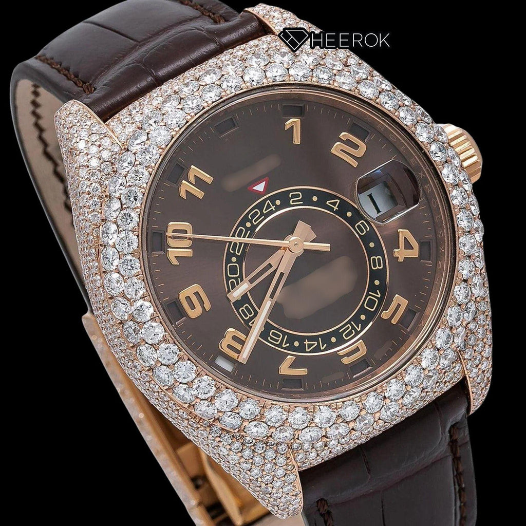 Rolex Sky-Dweller Brown Dial Standard Numerals Diamond Bezel Moissanite Diamond Brown Leather Strap Watch