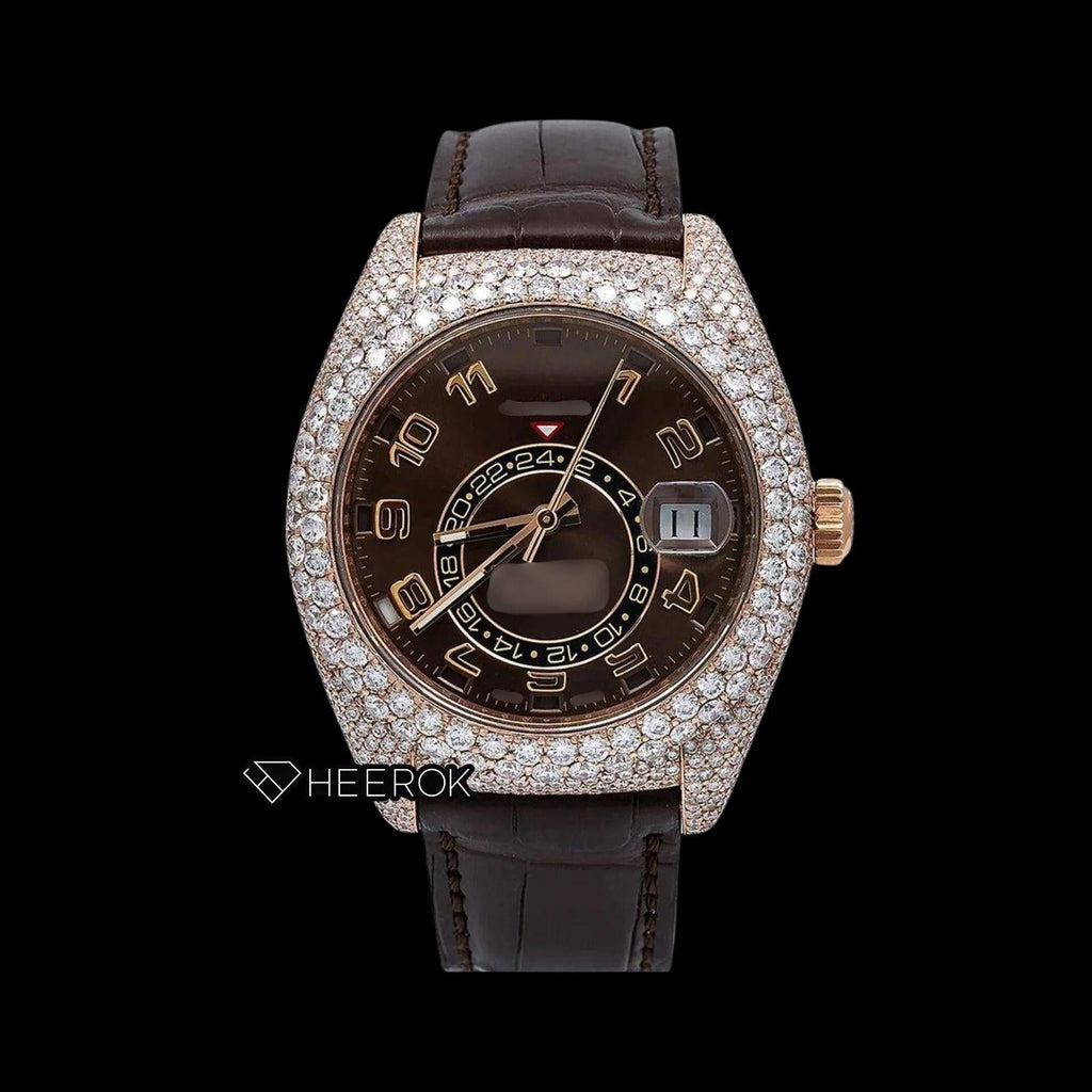 Rolex Sky-Dweller Brown Dial Standard Numerals Diamond Bezel Moissanite Diamond Brown Leather Strap Watch