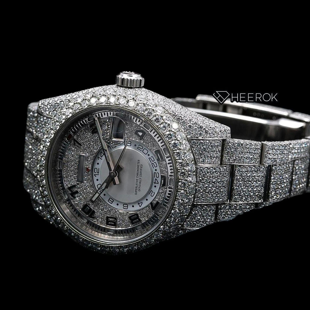 Rolex Sky-Dweller Diamond Paved Dial Standard Numerals Diamond Bezel Fully Iced Out Moissanite Diamond Oyster Bracelet Watch