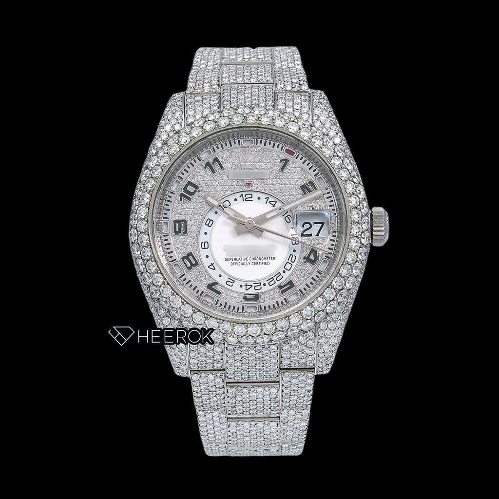 Rolex Sky-Dweller Diamond Paved Dial Standard Numerals Diamond Bezel Fully Iced Out Moissanite Diamond Oyster Bracelet Watch