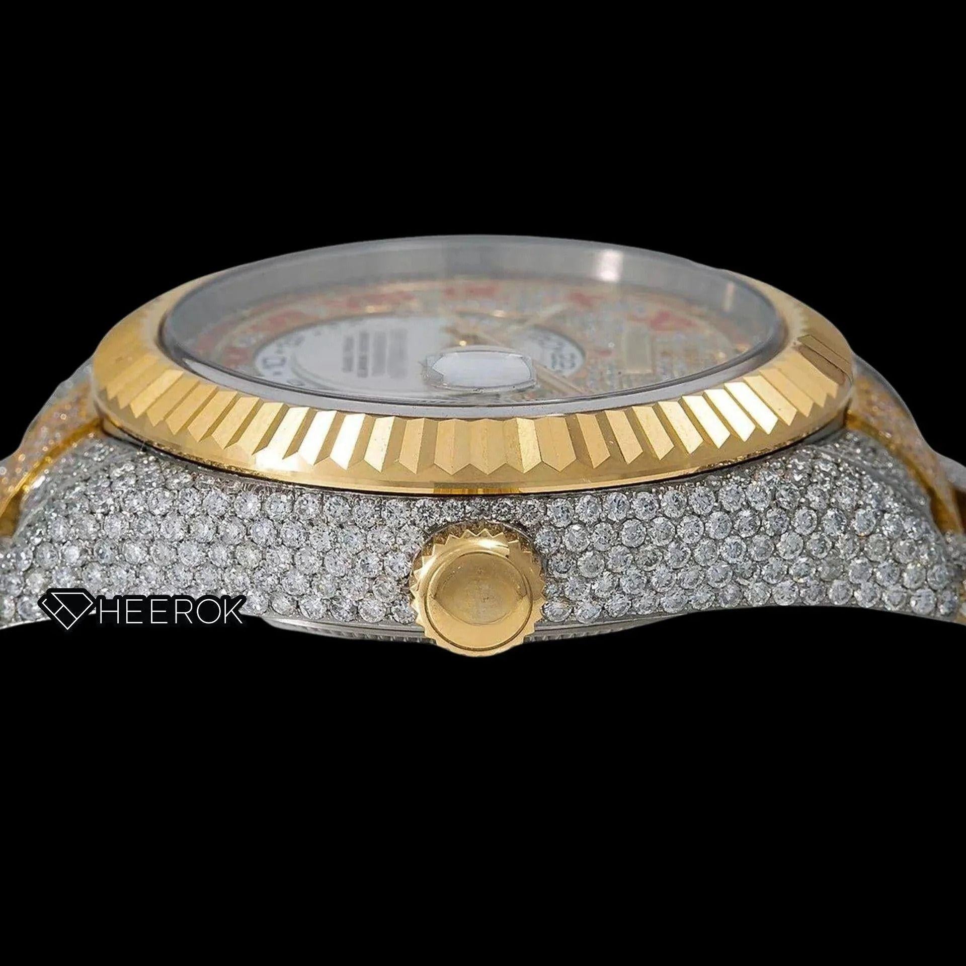 Rolex Sky-Dweller Diamond Paved Yellow Gold Dial Red Roman Numerals Fluted Bezel Two Tone Yellow Gold Fully Iced Moissanite Diamond Oyster Bracelet