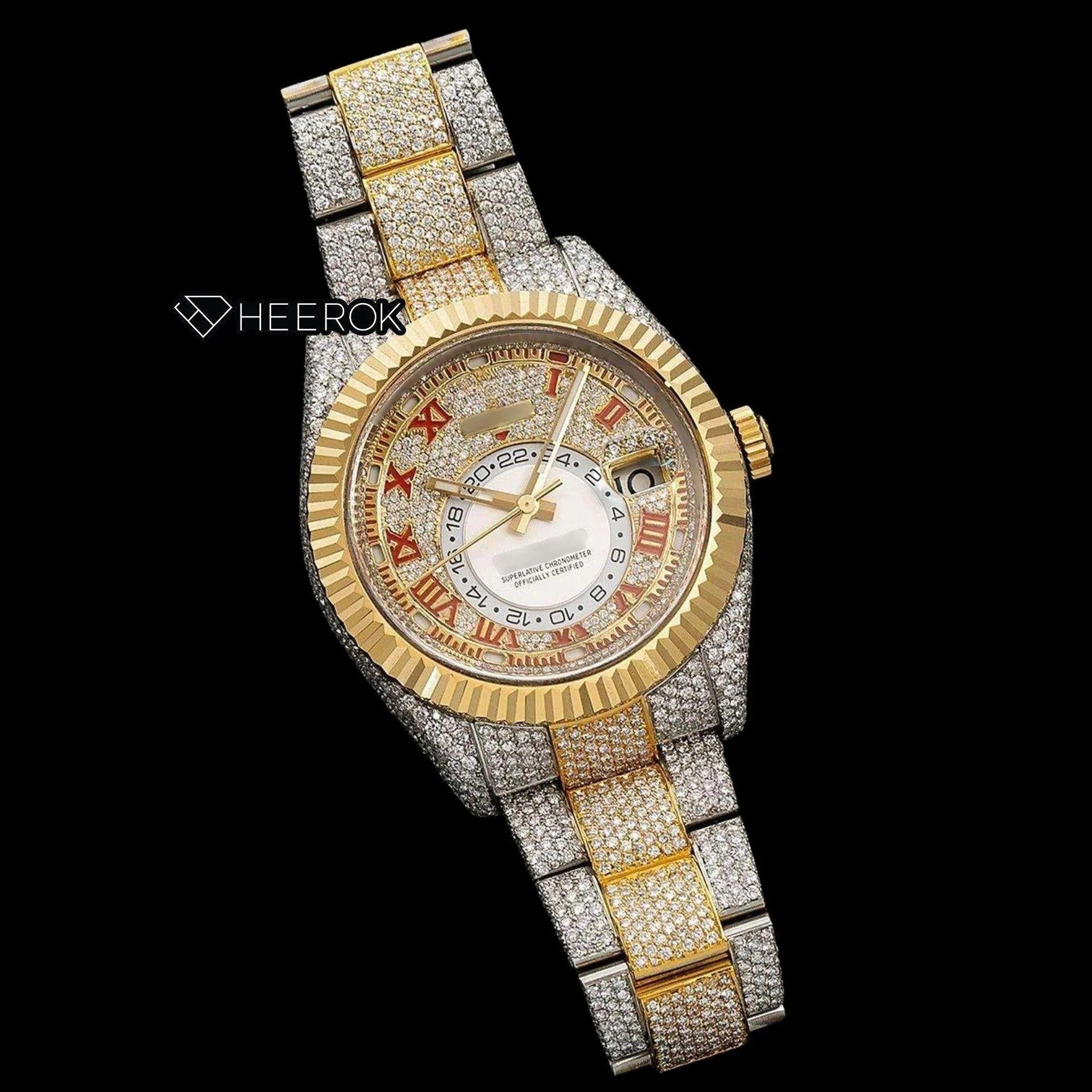 Rolex Sky-Dweller Diamond Paved Yellow Gold Dial Red Roman Numerals Fluted Bezel Two Tone Yellow Gold Fully Iced Moissanite Diamond Oyster Bracelet