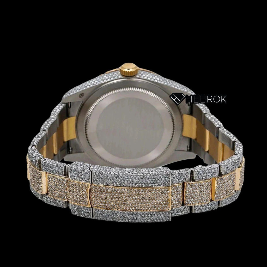 Rolex Sky-Dweller White Dial White Stick Markers Diamond Bezel Two Tone Yellow Gold Fully Iced Moissanite Diamond Oyster Bracelet