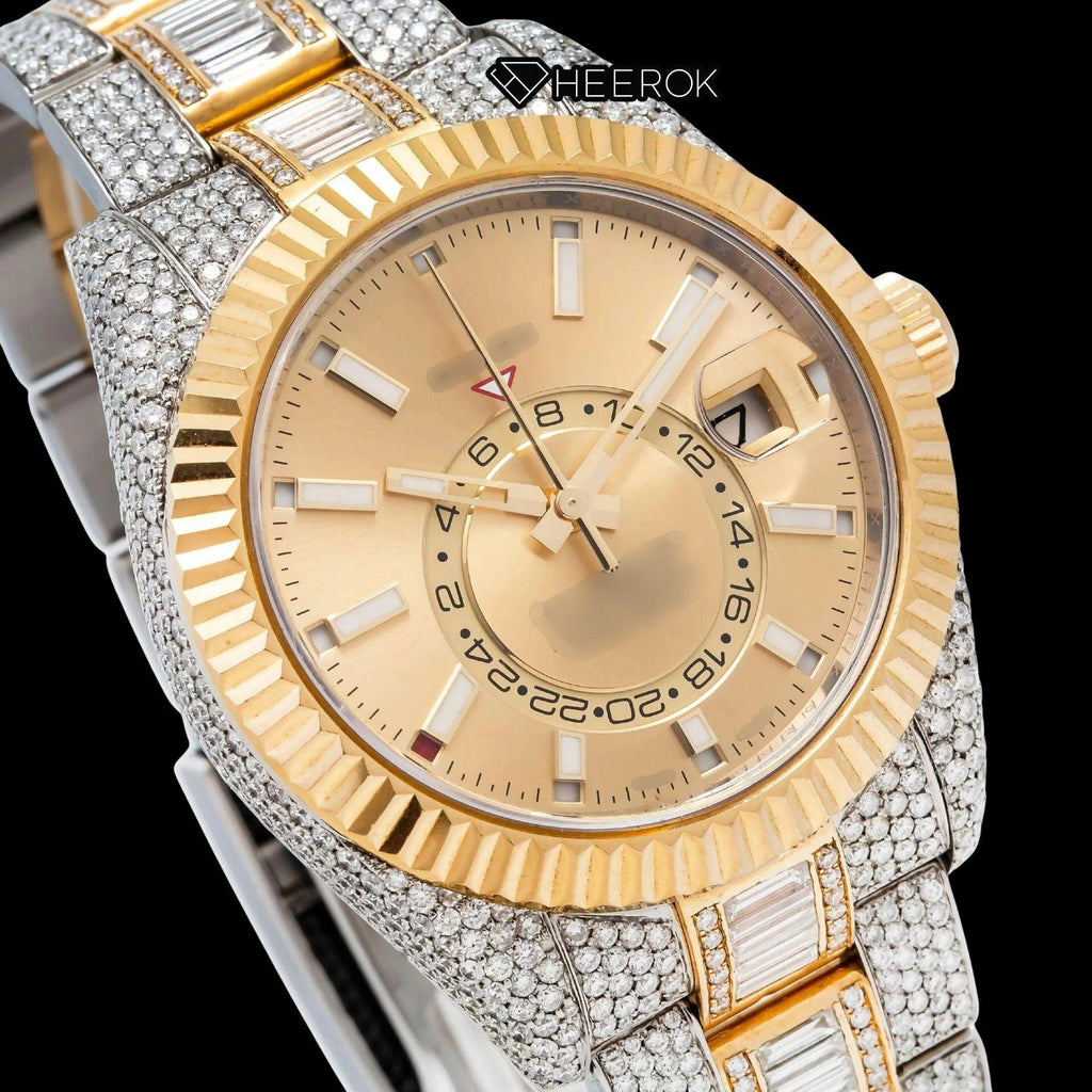 Rolex Sky-Dweller Yellow Dial White Stick Markers Fluted Bezel Two Tone Yellow Gold Baguette Moissanite Diamond Oyster Bracelet Watch