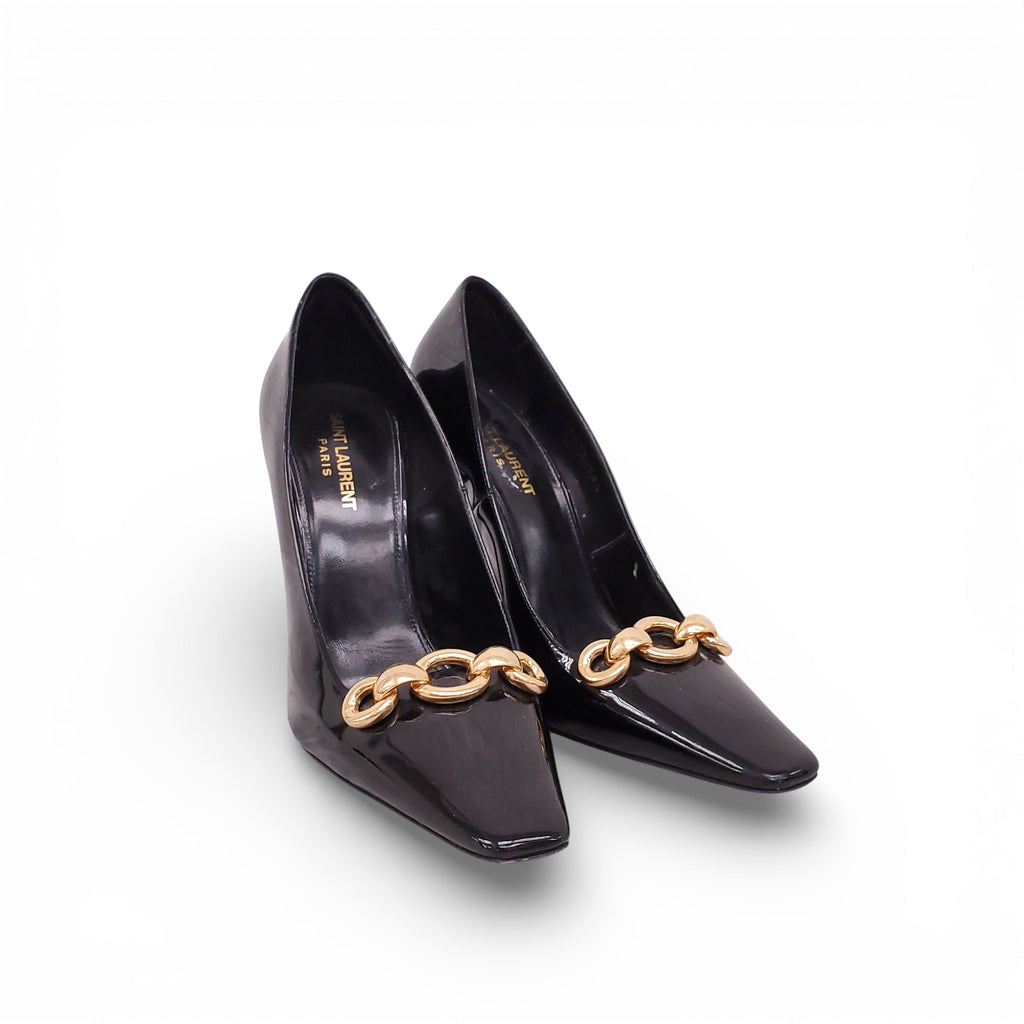 SAINT LAURENT BLACK PATENT BLADE CHAIN HEELS - SIZE 39.5