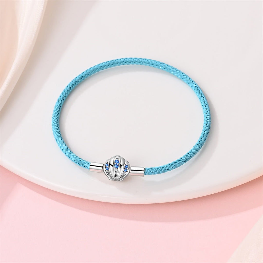 Blue Braided Leather Bracelet with Seashell Clasp