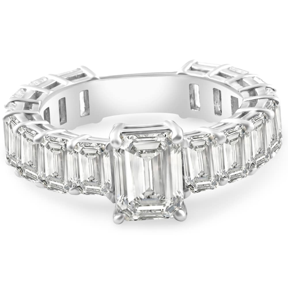 VS 7 1/2Ct Emerald Cut Diamond Engagement Ring 3/4 Eternity 14k Gold Lab Grown