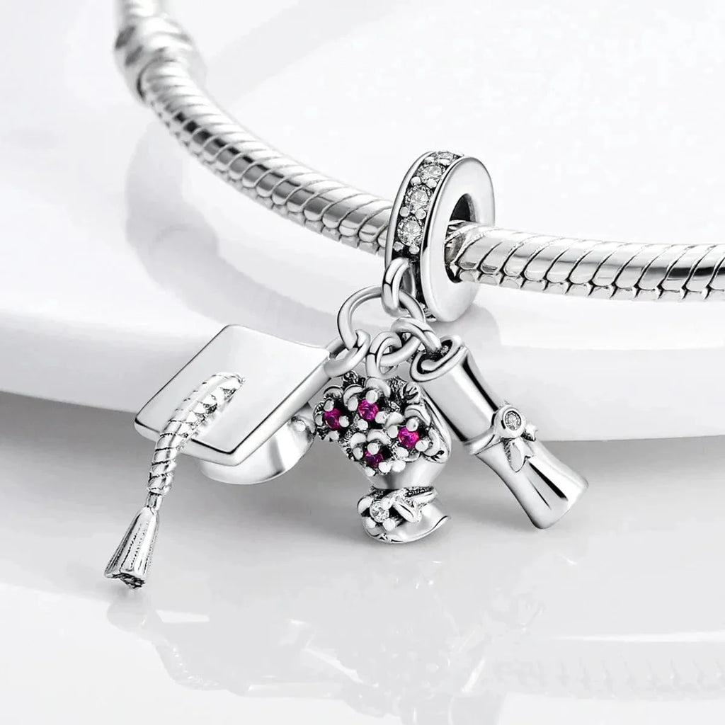 Graduation Cap, Diploma & Flowers Triple Dangle Charm