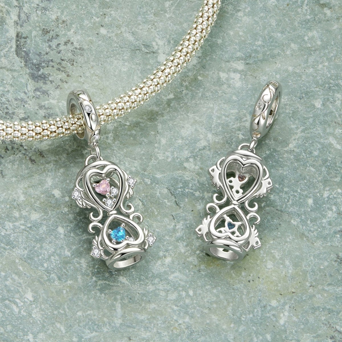 Heart-Shaped Hourglass with Pink & Blue Cubic Zirconia Dangle Charm
