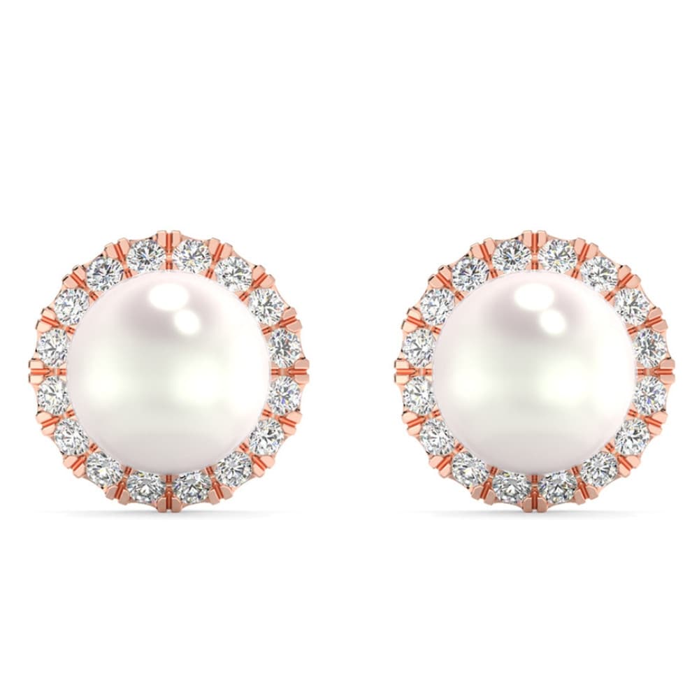 6mm Pearl & Diamond Halo Studs Women's 14k Gold Earrings Lab Grown