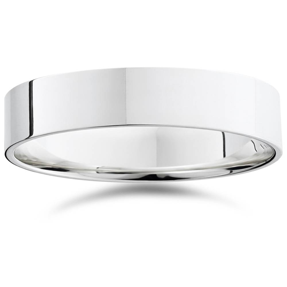 5mm Flat High Polished Wedding Plain Comfort Fit Band 14K White Gold Unisex Size Selectable