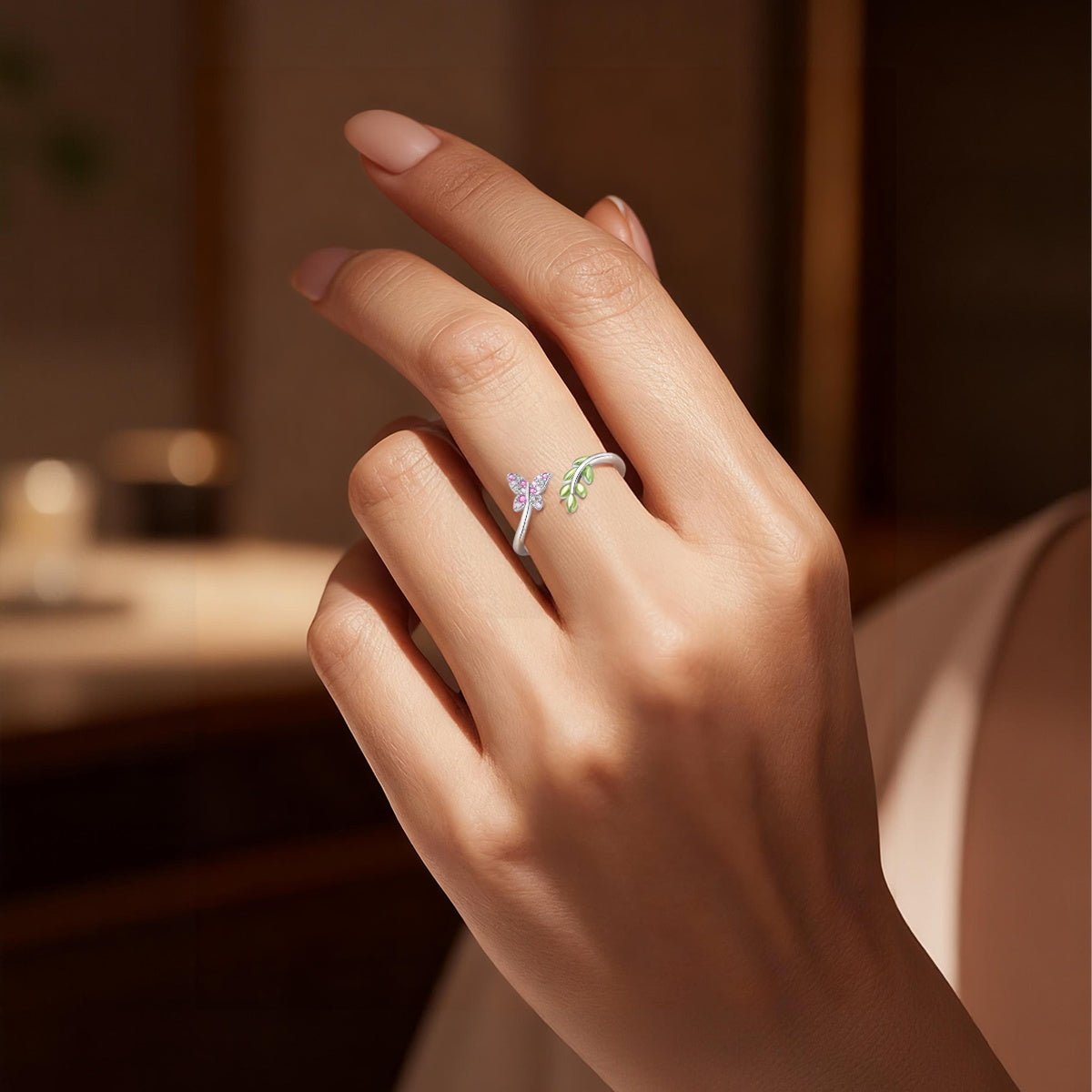 Pink Butterfly & Green Leaf Adjustable Ring