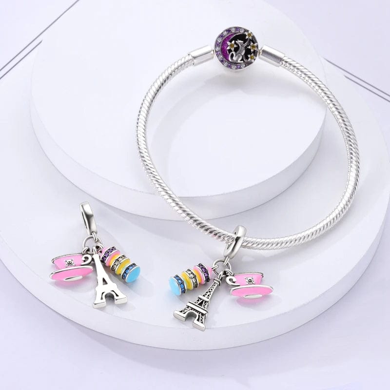 Pink Coffee Macaron Paris Eiffel Tower Triple Dangle Charm
