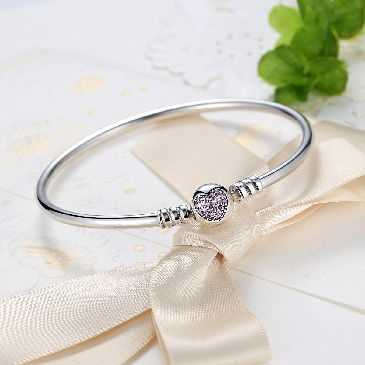 Pink Pavé Heart Clasp Charm Bangle