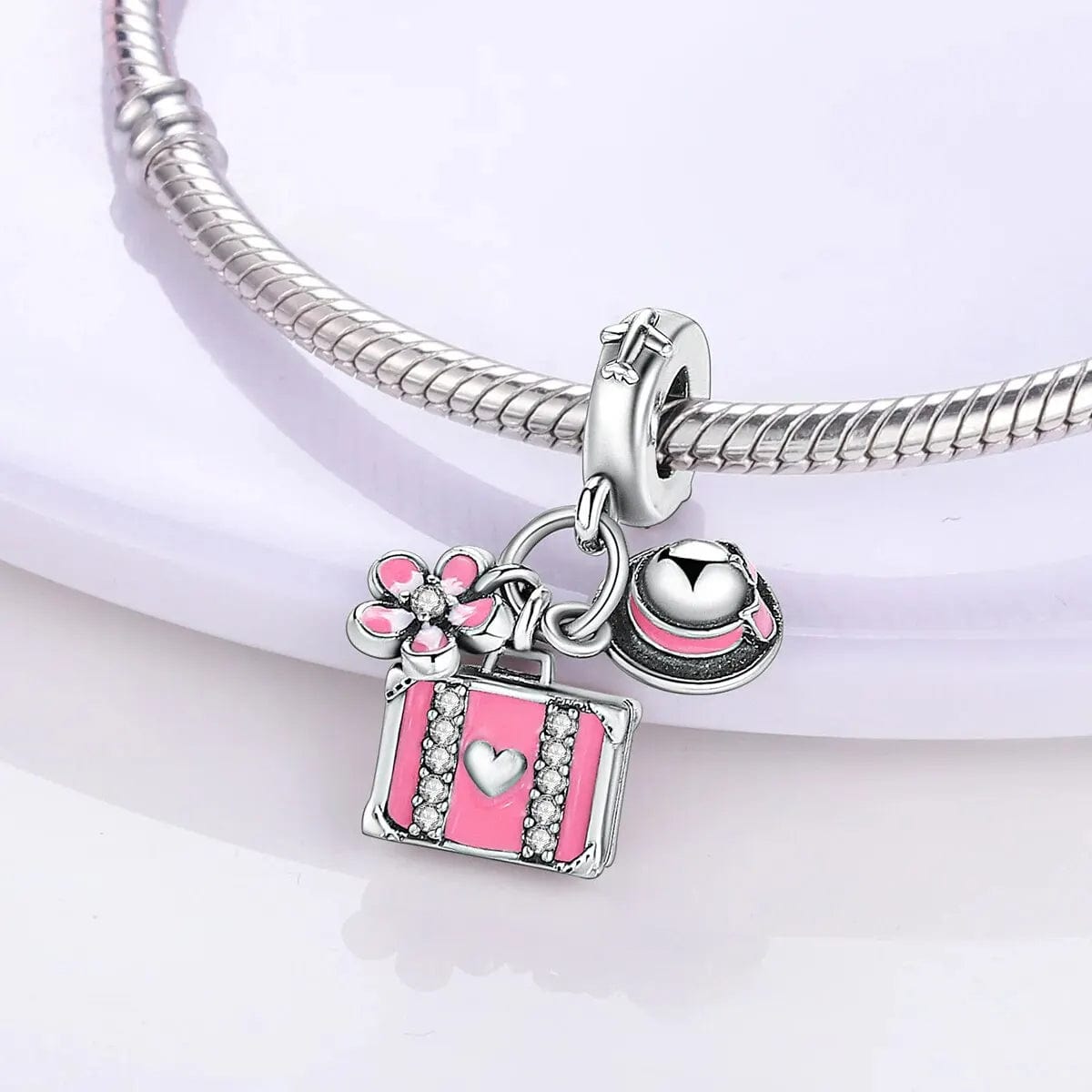 Pink Travel Suitcase with Flower & Sun Hat Dangle Charm