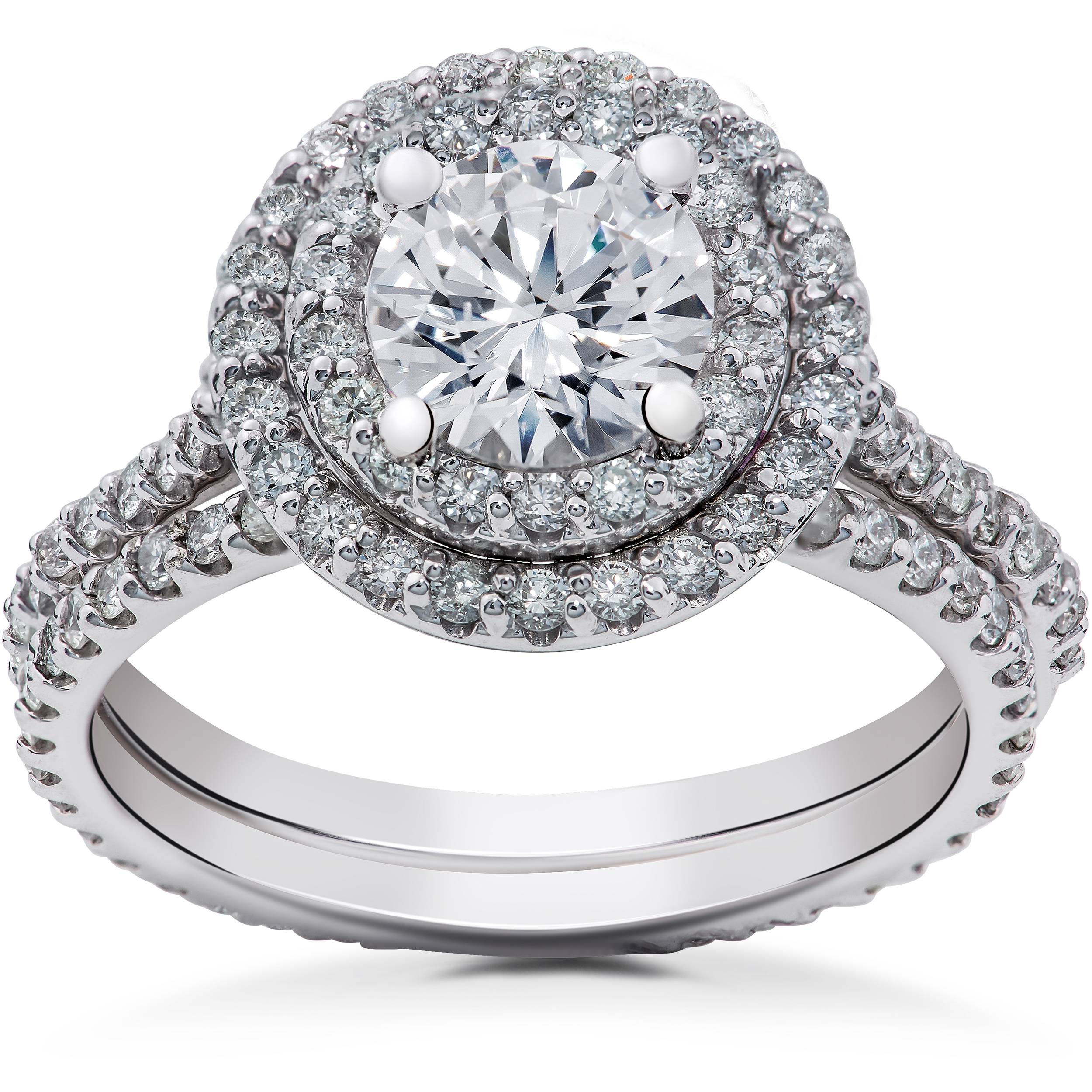 2 ct Round Halo Lab Grown Diamond Engagement Ring Setting & Eternity Band 14k